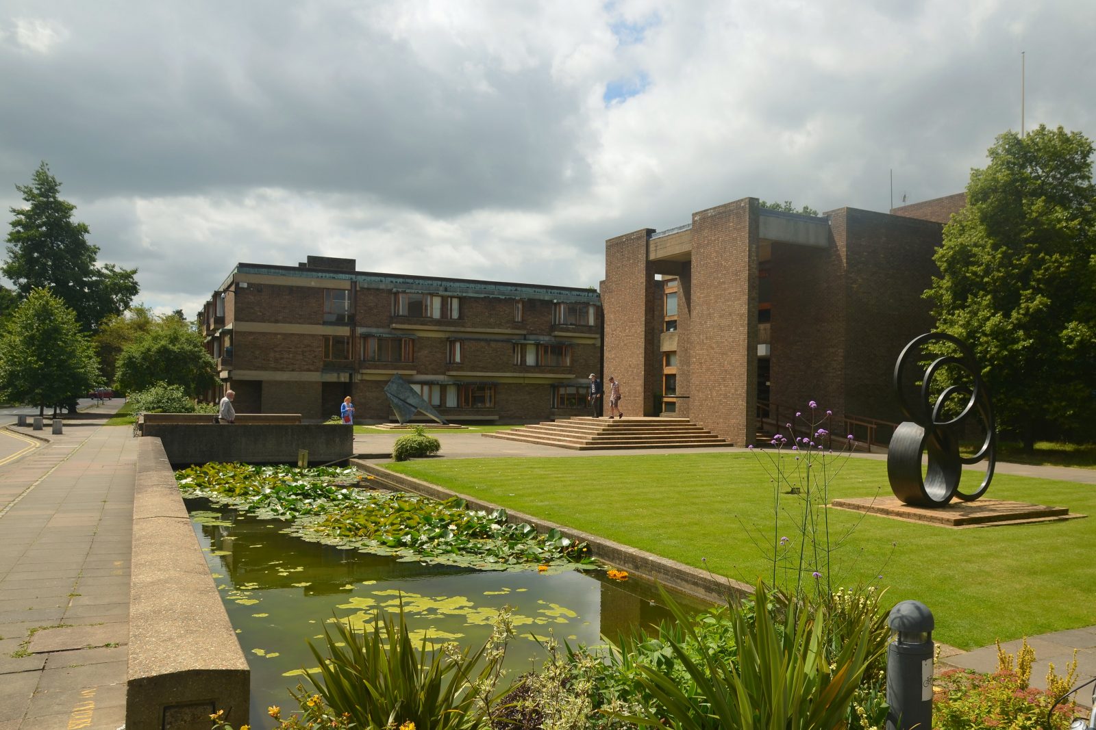 Storey's Way and the main entrance of Churchill College, Cambridge in June 2019.