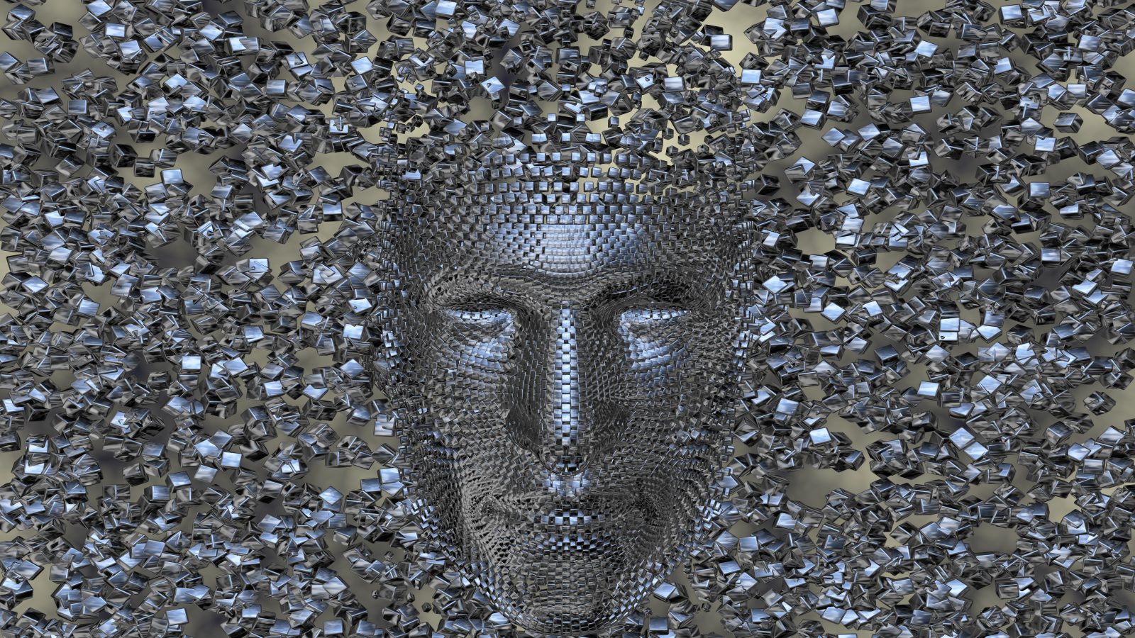Face made of shiny metal cubes with clouds in background.3d render