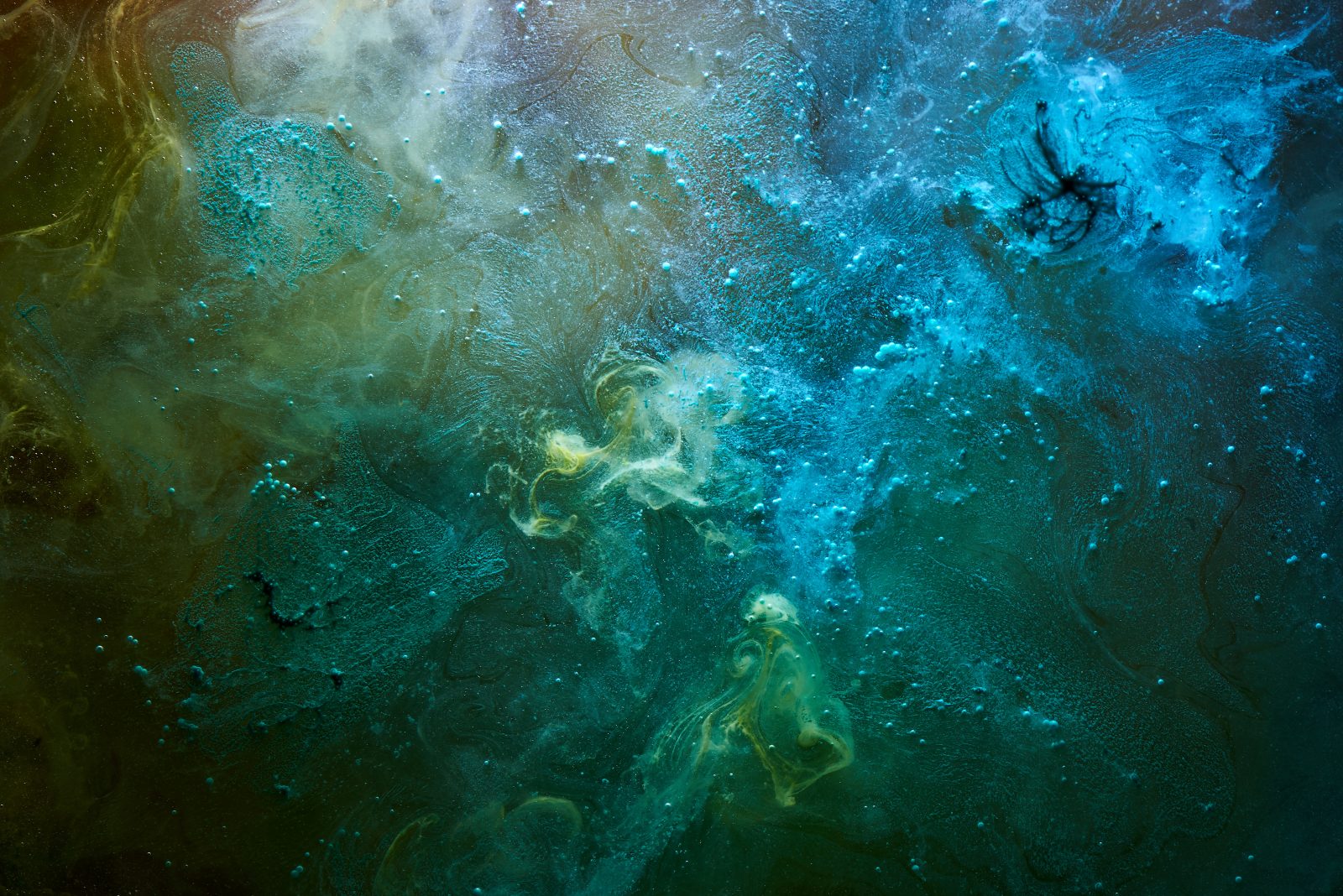 Green blue abstract exoplanet outer space vibrant sea. Waves, splashes and drops of water paint. Mysterious esoteric depths of the galactic ocean