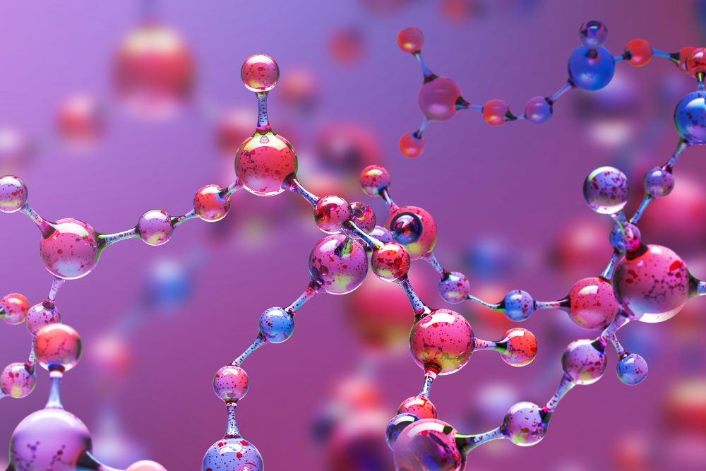 Purple transparent molecule model over purple