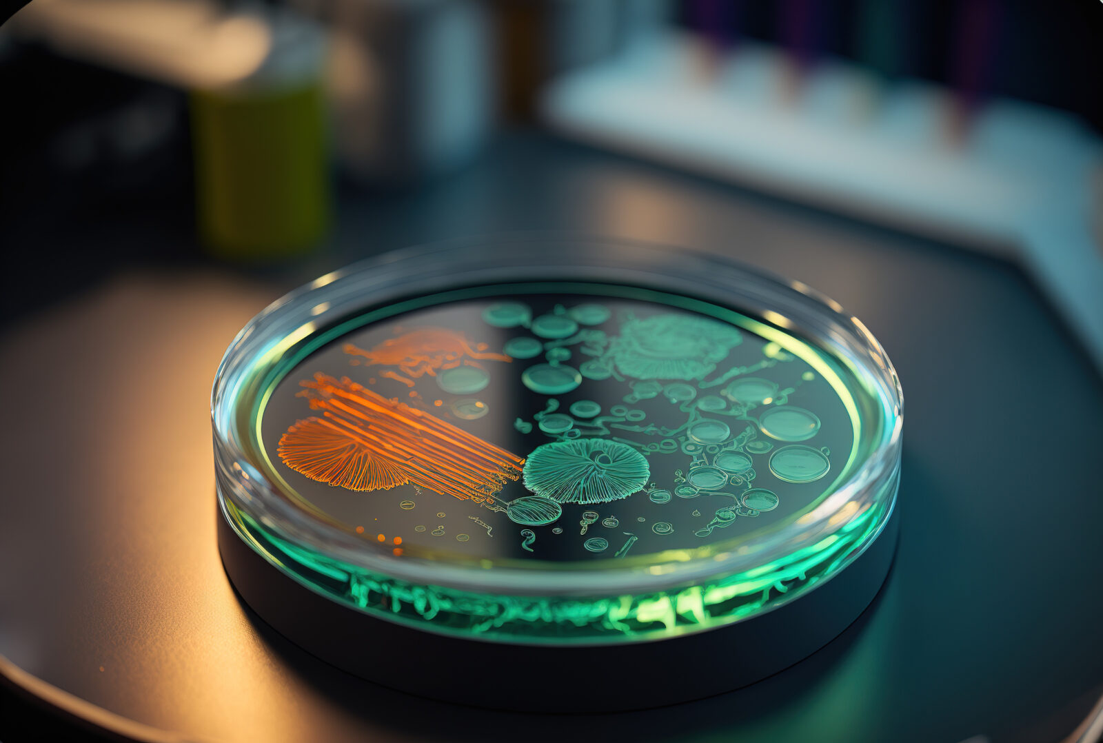 A close up of a chemical petri dish with organic bacteria on a desk in a scientific lab is used to evaluate a material sample. prepared glass plate containing a bright liquid for biochemical developme