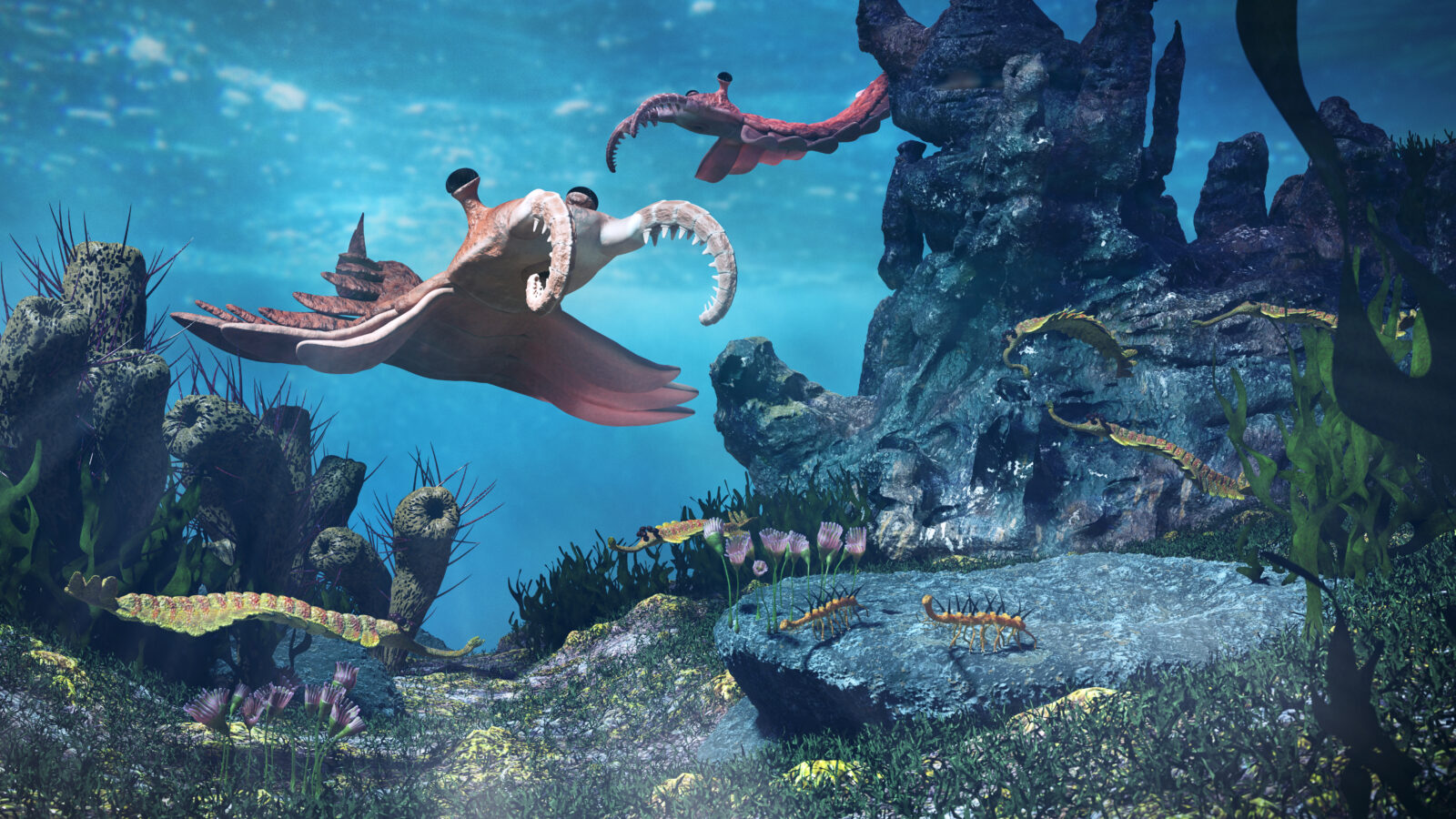 creatures of the Cambrian period, underwater scene with Anomalocaris, Opabinia, Hallucigenia, Pirania and Dinomischus (3d science illustration)