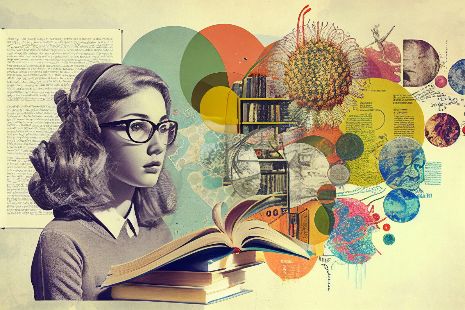 Knowledge and science books artistic graphic collage - Generative AI illustration