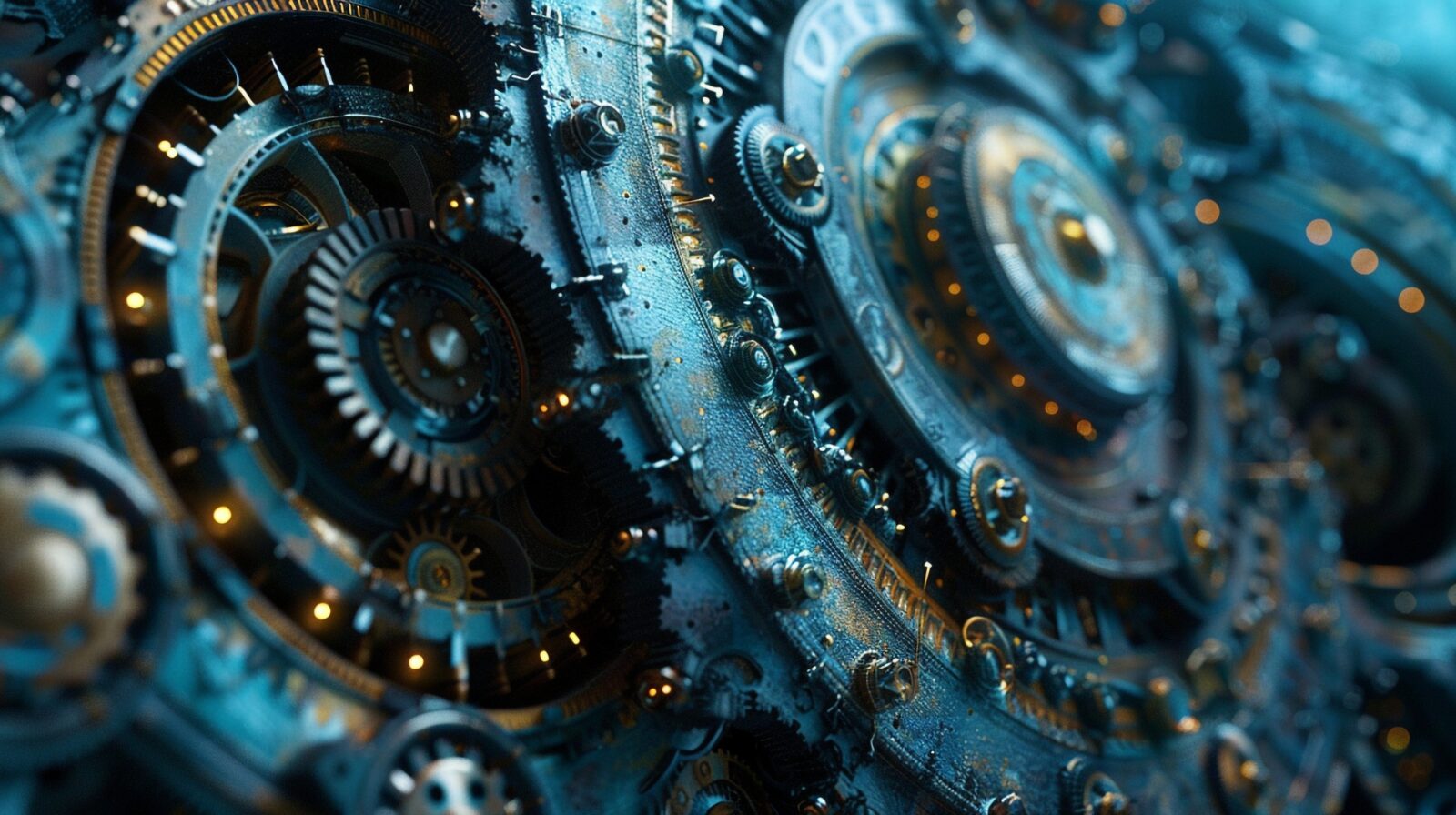 Interlocking gears and cogs rotating in perfect synchrony, symbolizing the intricate machinery of the universe.