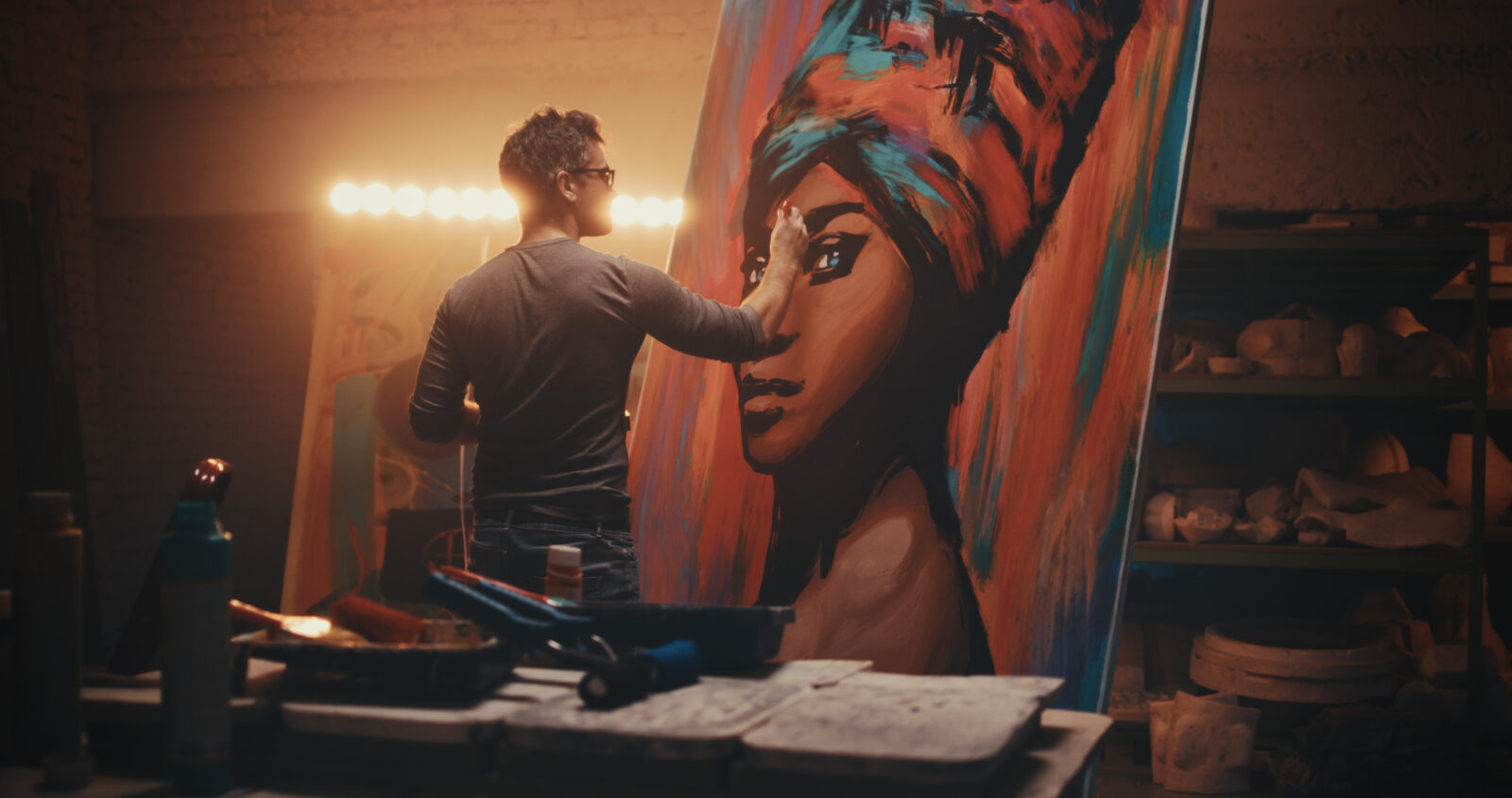 Man creating portrait of black woman