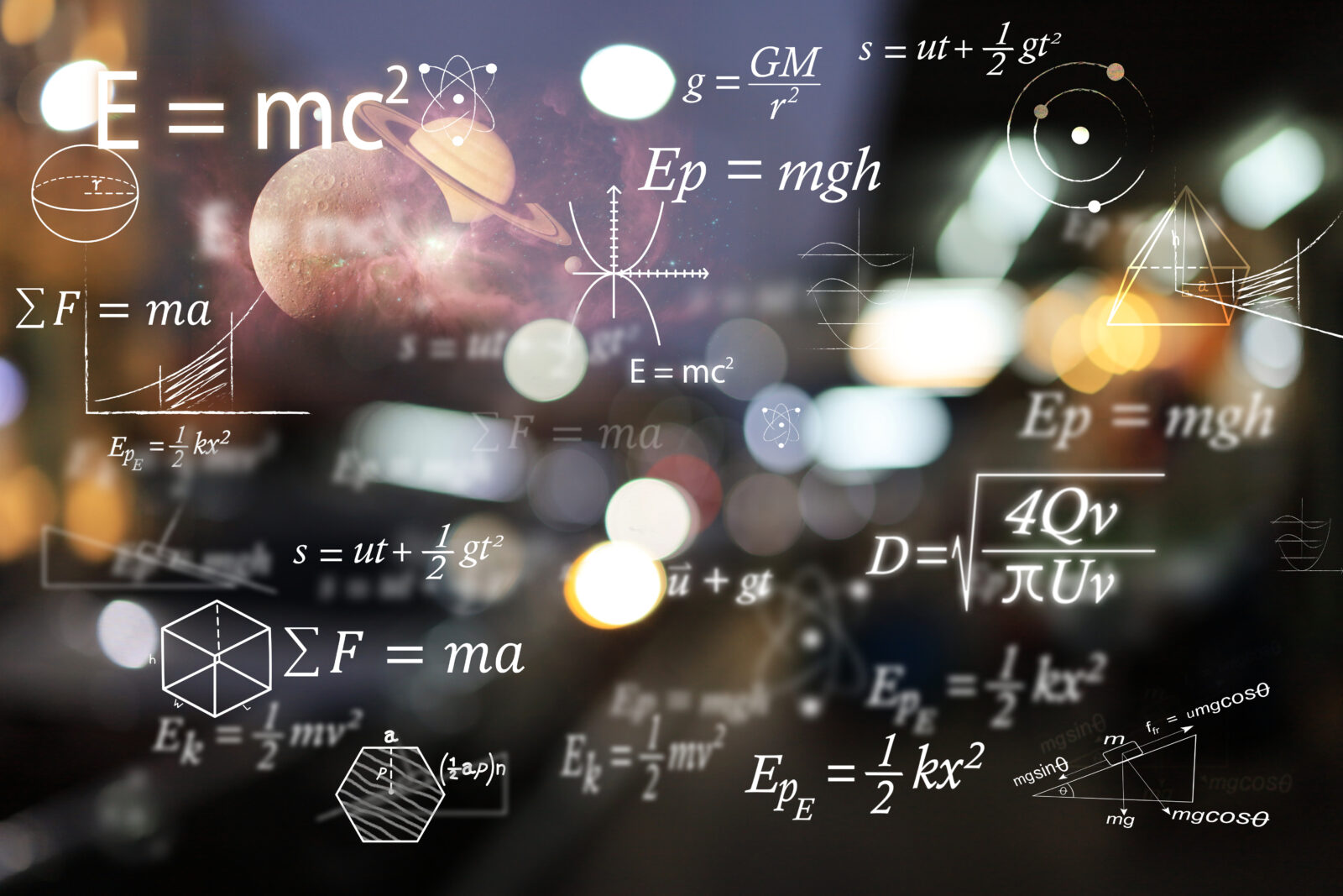 Mathematical and physics equations of Albert Einstein and Sir Isaac Newton and other equations on black background.