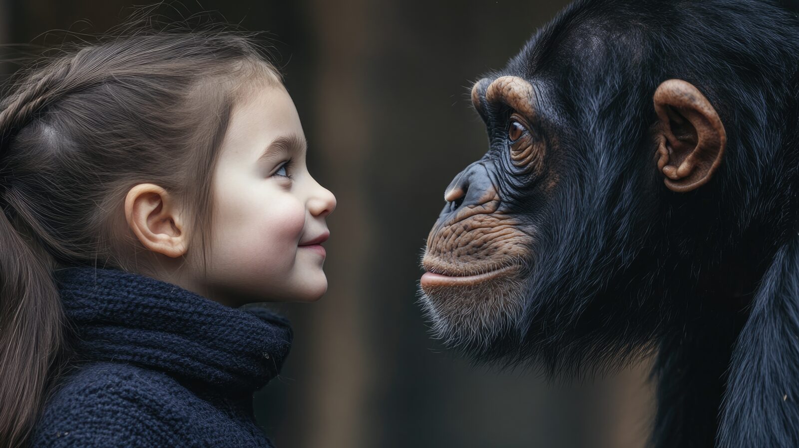 Young girl and chimpanzee face to face, both smiling, in heartwarming encounter