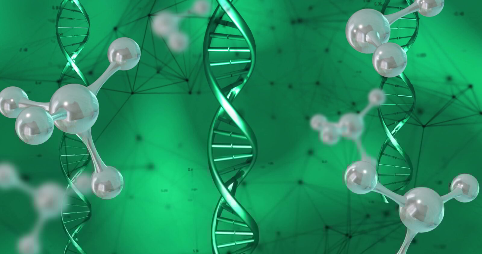 Image of dna strand spinning and data with connections on green background