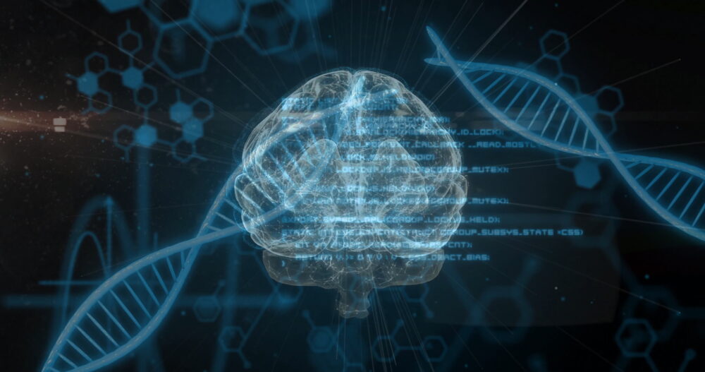 Image of scientific data processing over human brain and dna strands on dark background