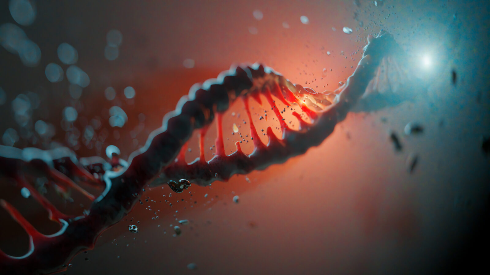 3D visualization of DNA spiral with molecular movement, showcasing genetic code formation and life evolution in vibrant colors.